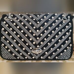New (slight Flaw) Elegant Black Animal Print Studded Shoulder Bag